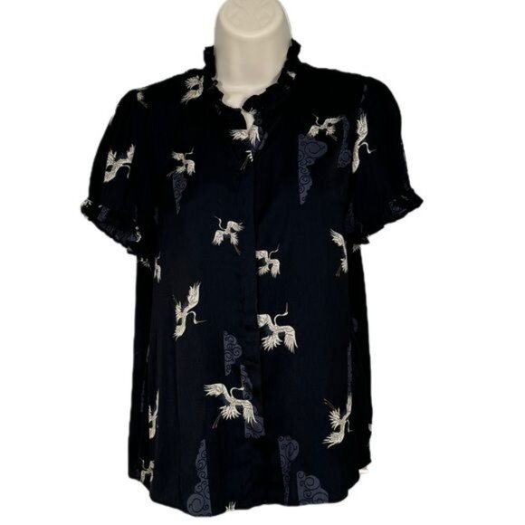 T Tahari Crane Print Black Ruffle Short Sleeve Blouse Small - Picture 2 of 8